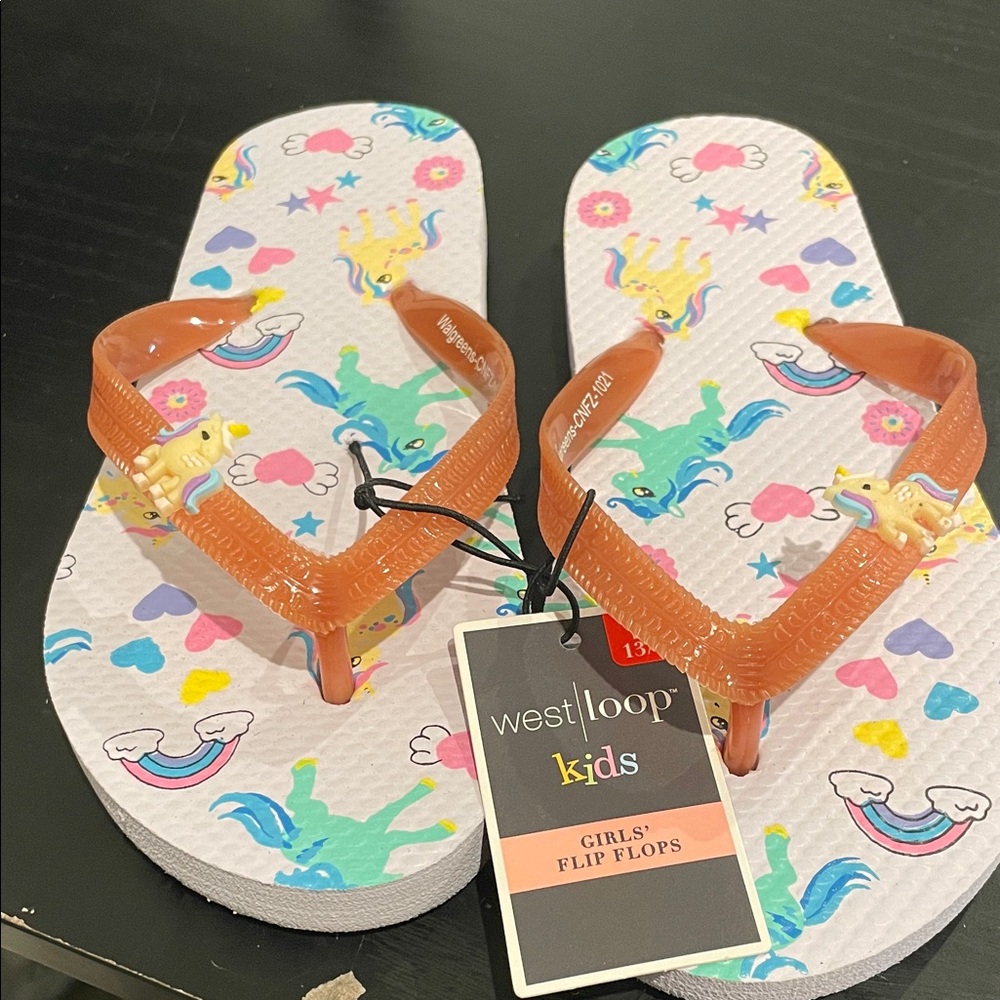 west loop Kids Unicorn Print Flip Flops - Pink Footbed & Orange Straps